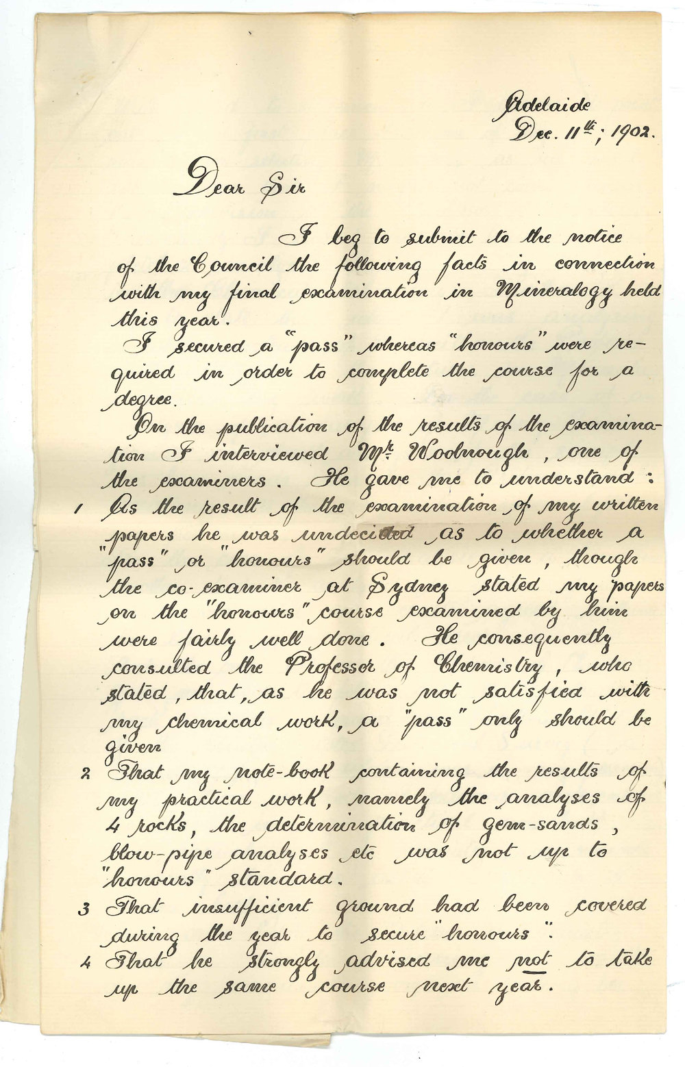 H Basedow - Adelaide - Complaint with Respect to the recent BSc Examination