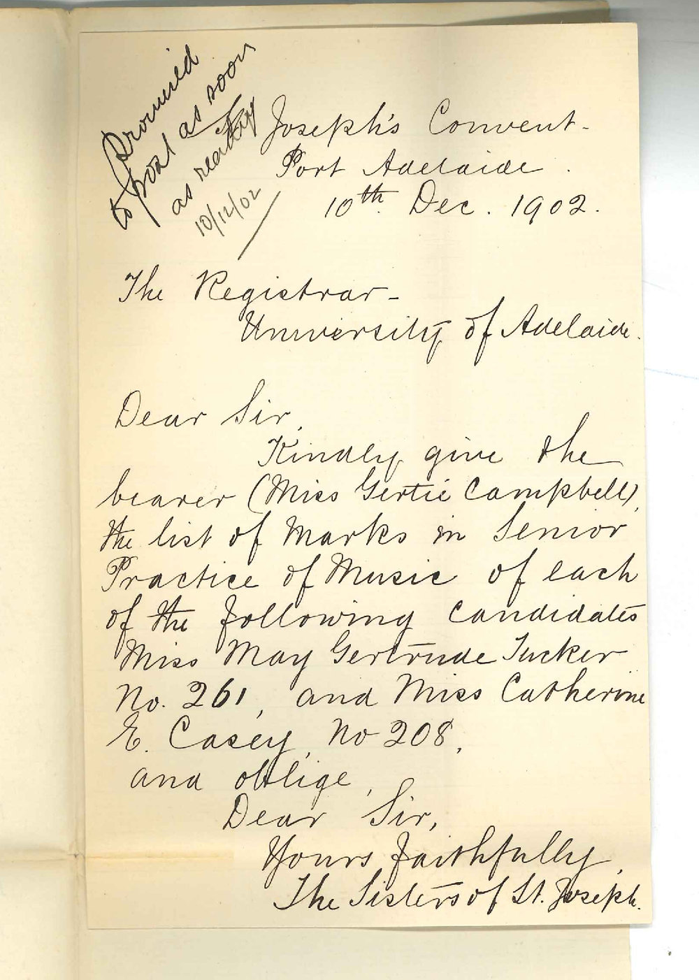 St Josephs Convent - Port Adelaide - Requesting Card of Marks