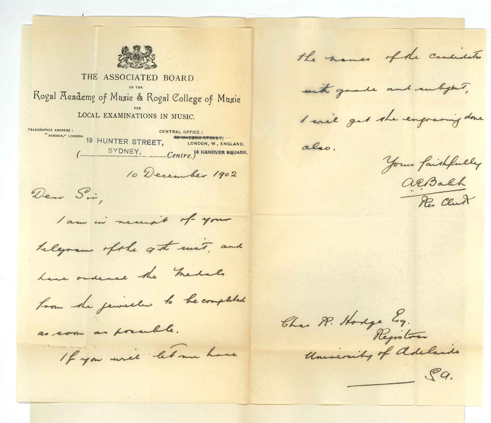 A E Balch - Secretary - Associated Board of Royal Academy of Music -  Sydney - Concerning Medals for Music Exams