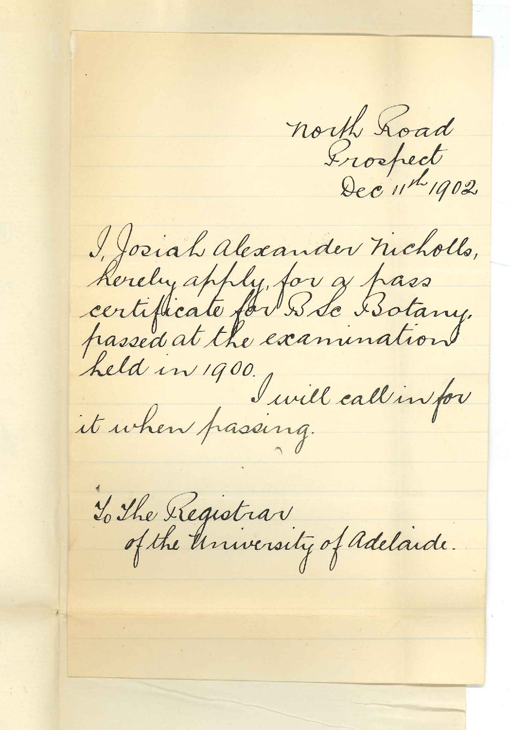 Josiah Alexander Nicholls - Prospect - Requesting Certificate for Botany pass