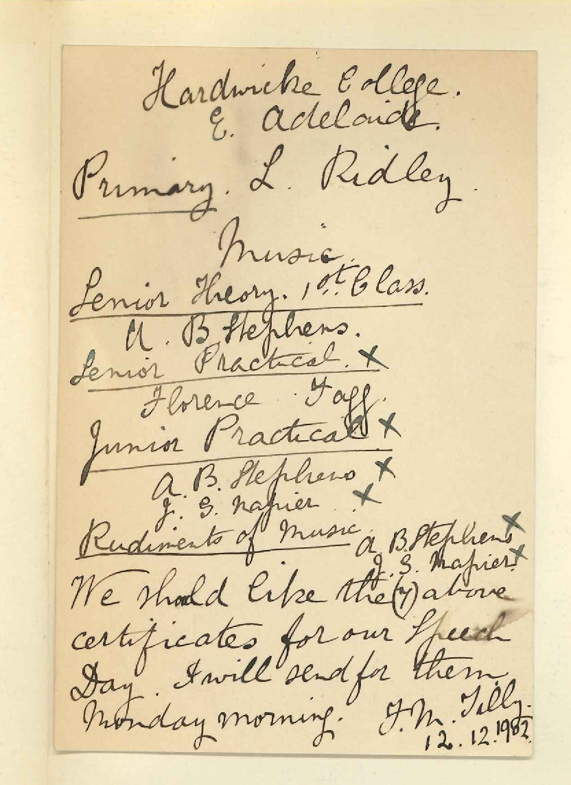 Miss F M Tilly - East Adelaide - Requesting Music Certificates