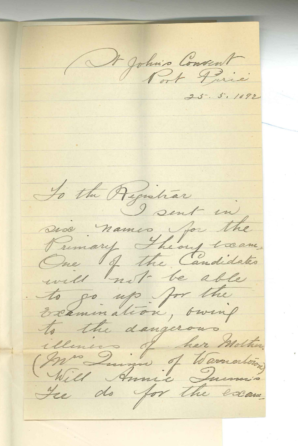 St John's Convent '- Port Pirie - Withdrawing a candidate from Primary Theory Exam