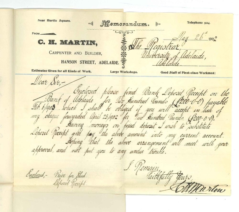 C H Martin - Carpenter and Builder - Adelaide - With respect to deposit of &pound;200