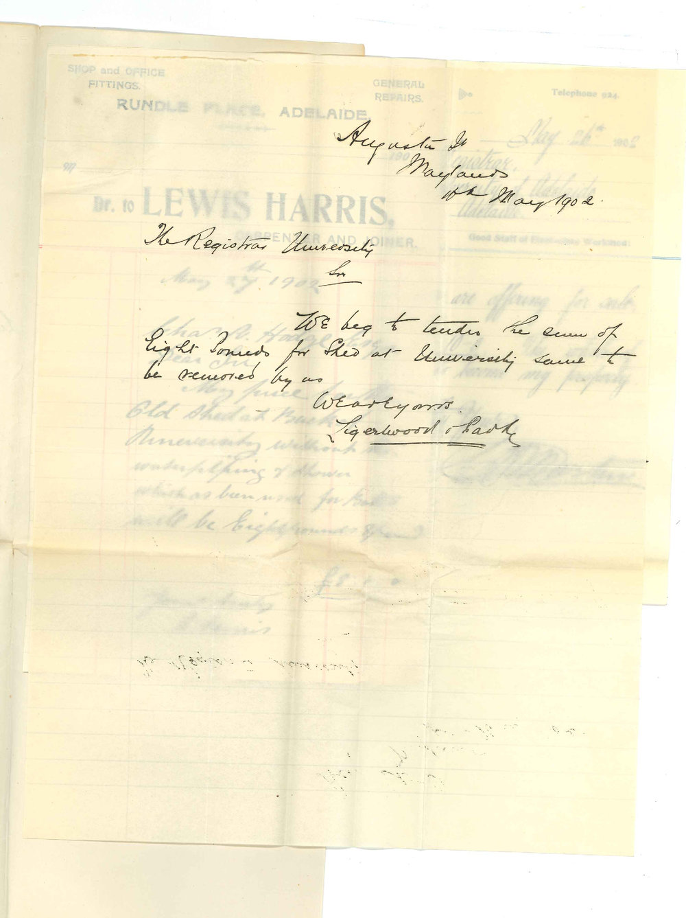 C H Martin - Adelaide - Lewis Harris - Adelaide - Ligertwood and Park - Maylands - Quoting price for Iron Shed offered for sale