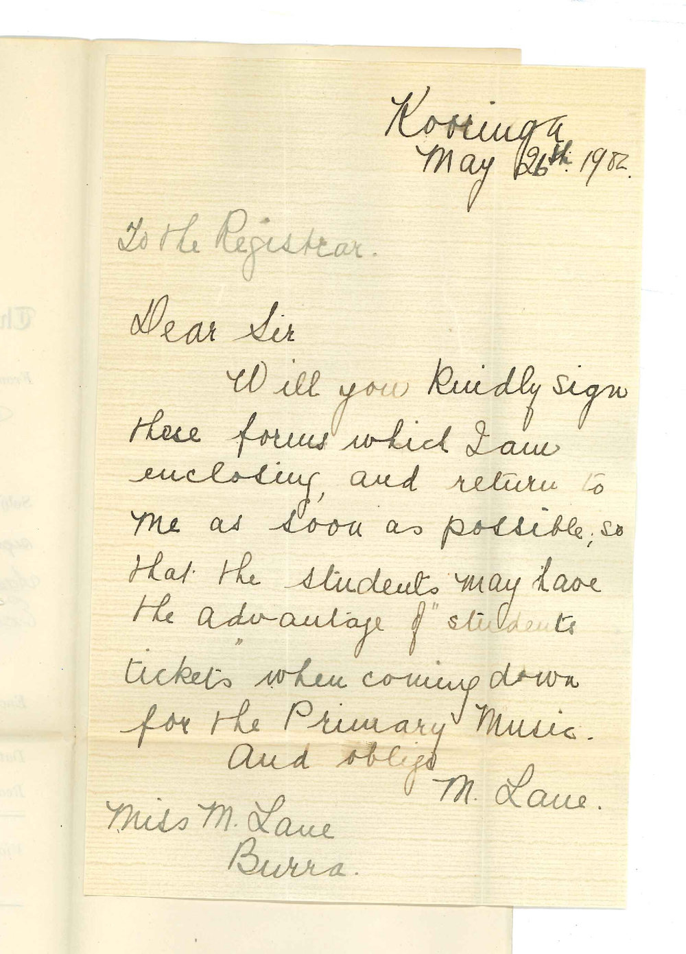 Miss Muriel Lane - Kooringa - Requesting Railway Certificates to be signed for candidates coming to Adelaide for Primary Music exam