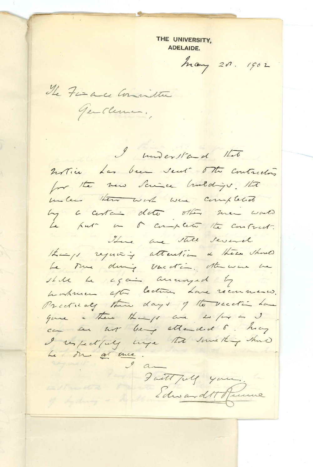 Professor Edward Henry Rennie - The University Adelaide - Purchase of apparatus and material and completion of new buildings