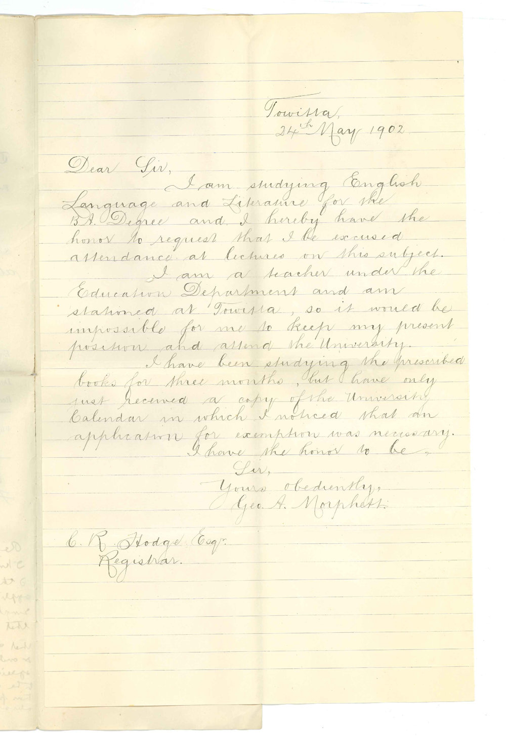 George A Morphett - Towitta - Exemption from attendance at lectures