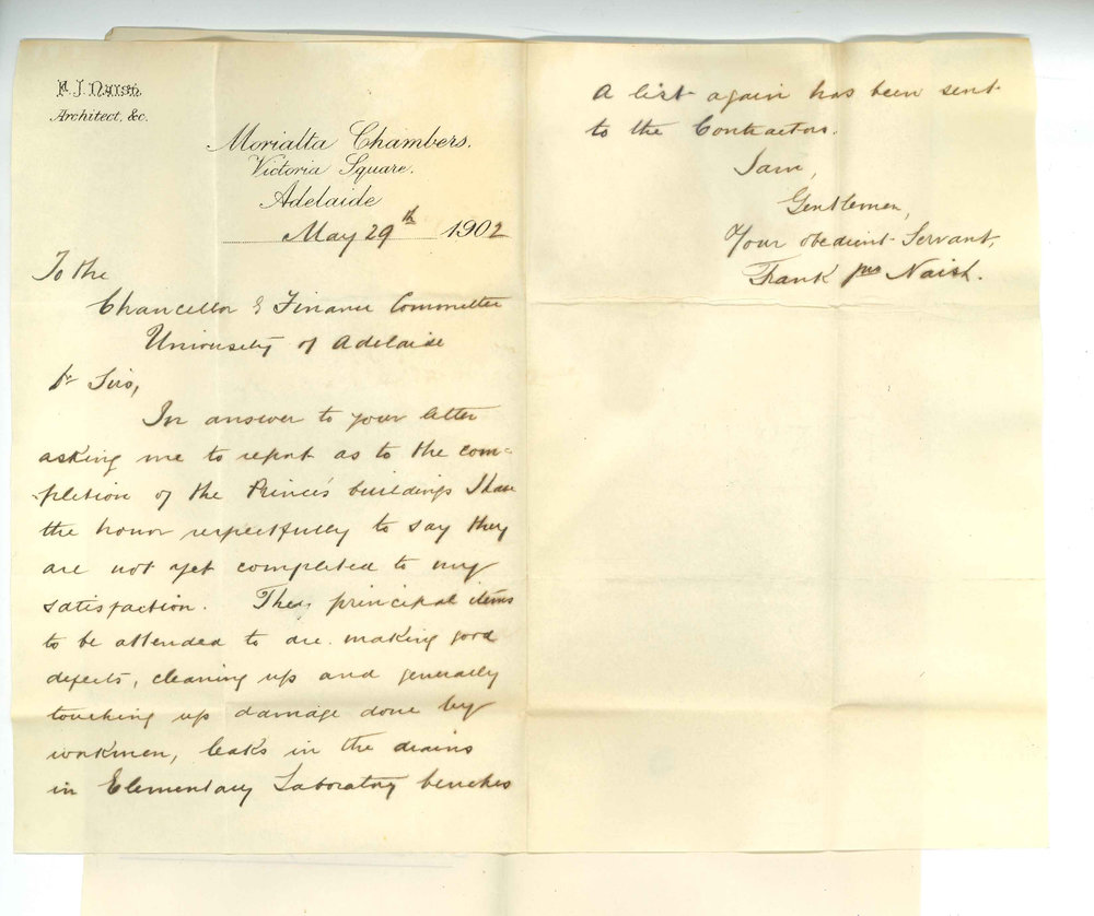 Frank John Naish - Architect - Adelaide - Report as to completion of the Prince's Buildings