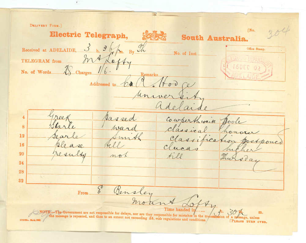 Professor E Bensly - Mount Lofty - Forwarding Honors Classics Latin and Greek results