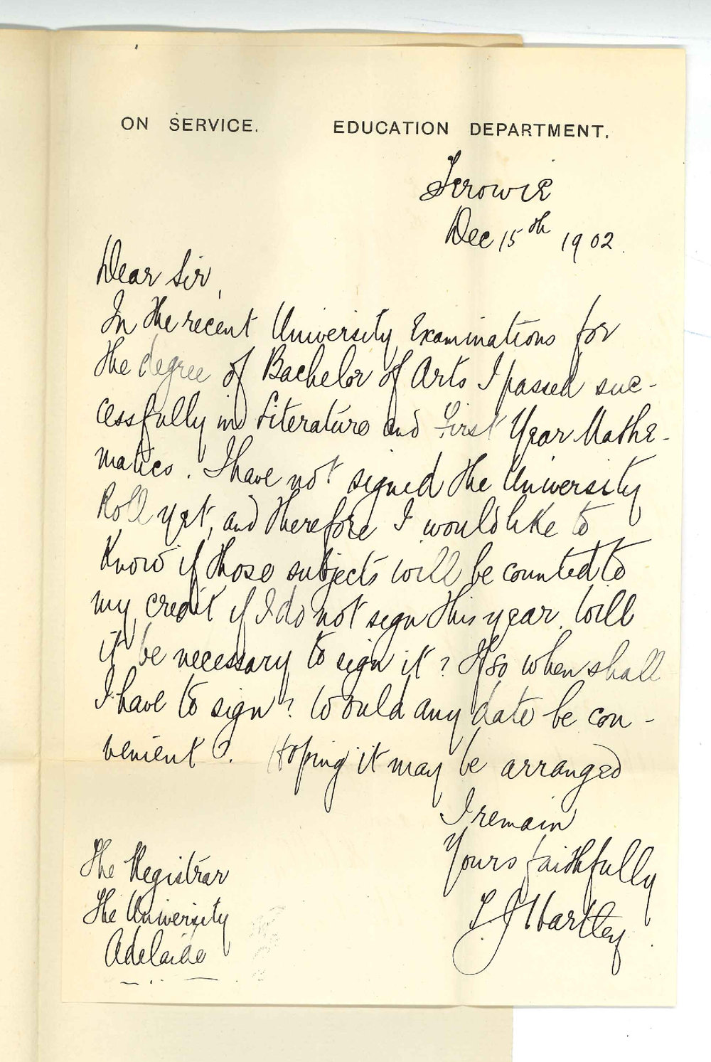 T J Hartley - Terowie - Signing of Roll Book as an undergraduate