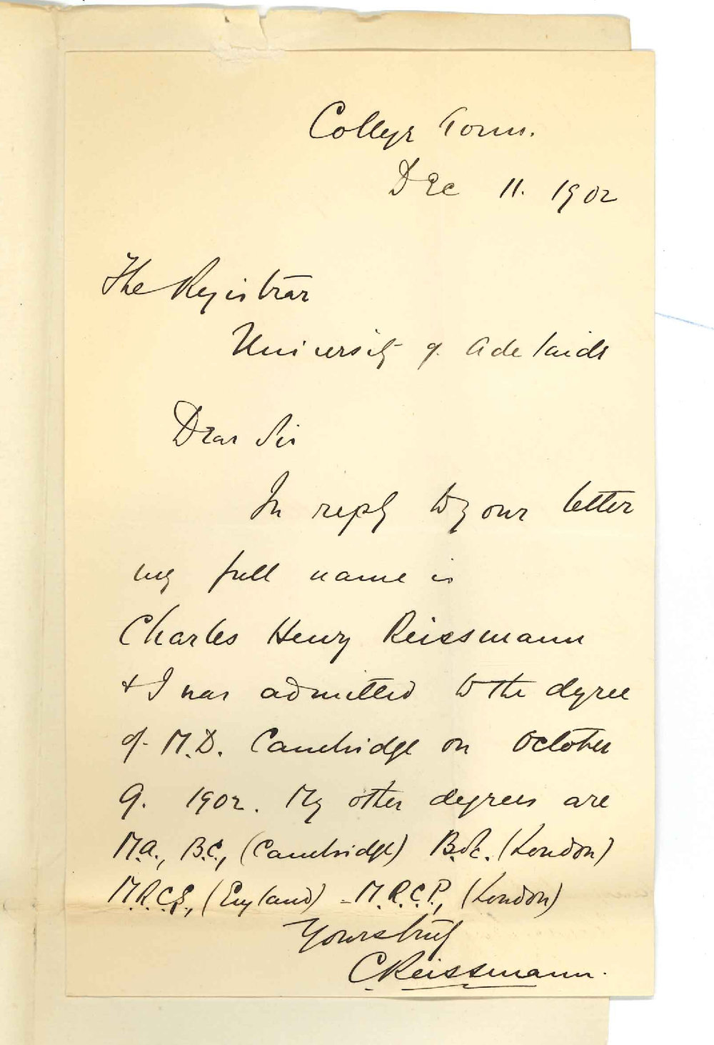 Charles Henry Reissmann - College Town - Forwarding full name and date of taking Degrees at Cambridge