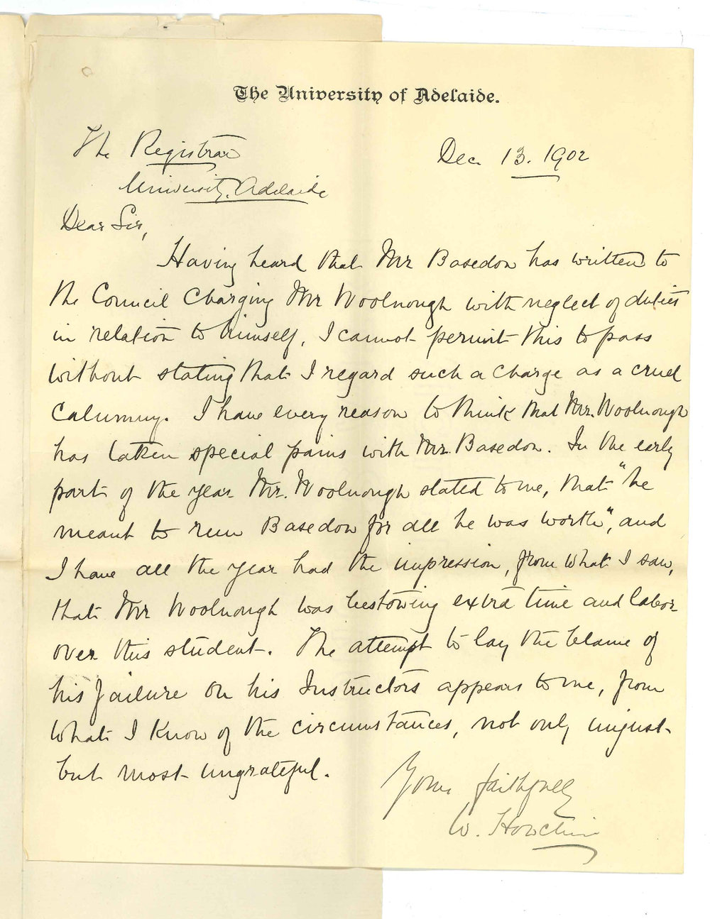 Walter Howchin - Adelaide - Complaints made by Mr Basedow against Professor Edward Charles Rennie and Mr Walter George Woolnough