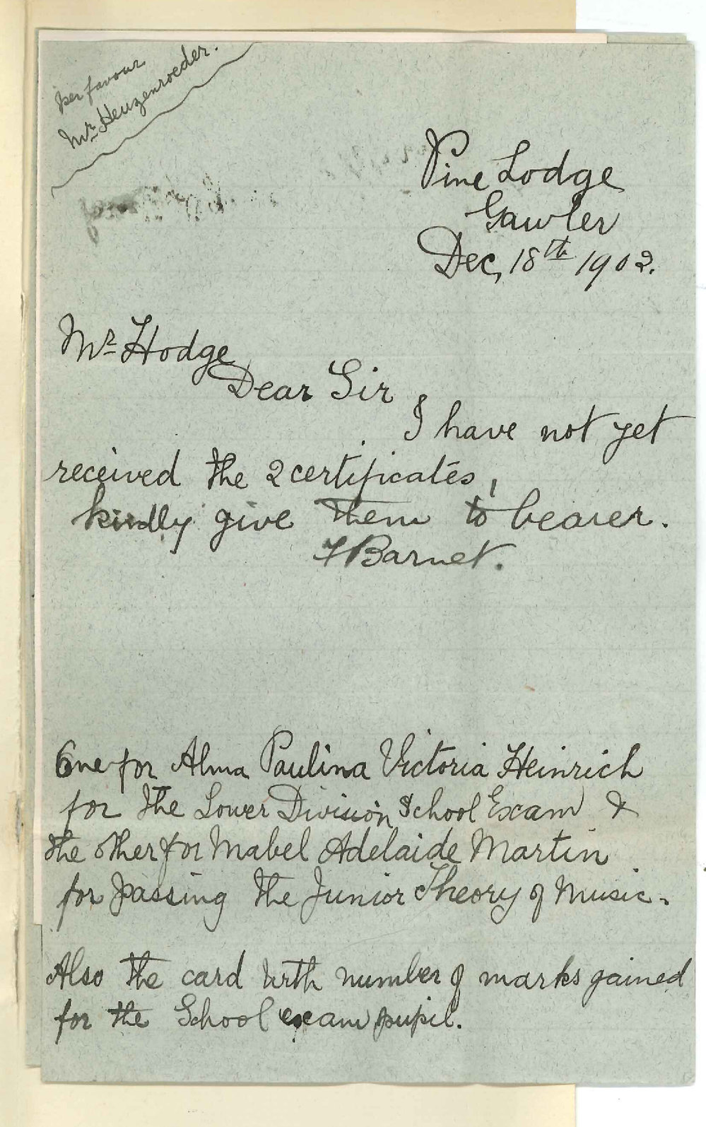 Miss Florence Barnet - Gawler - Requesting Certificates and Cards of Marks