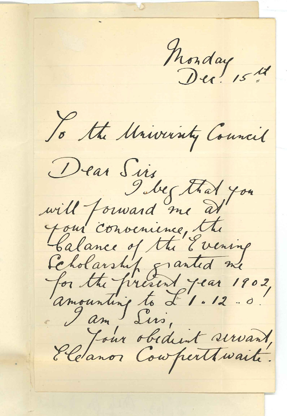 Miss Eleanor Cowperthwaite - Requesting balance of Evening Scholarship