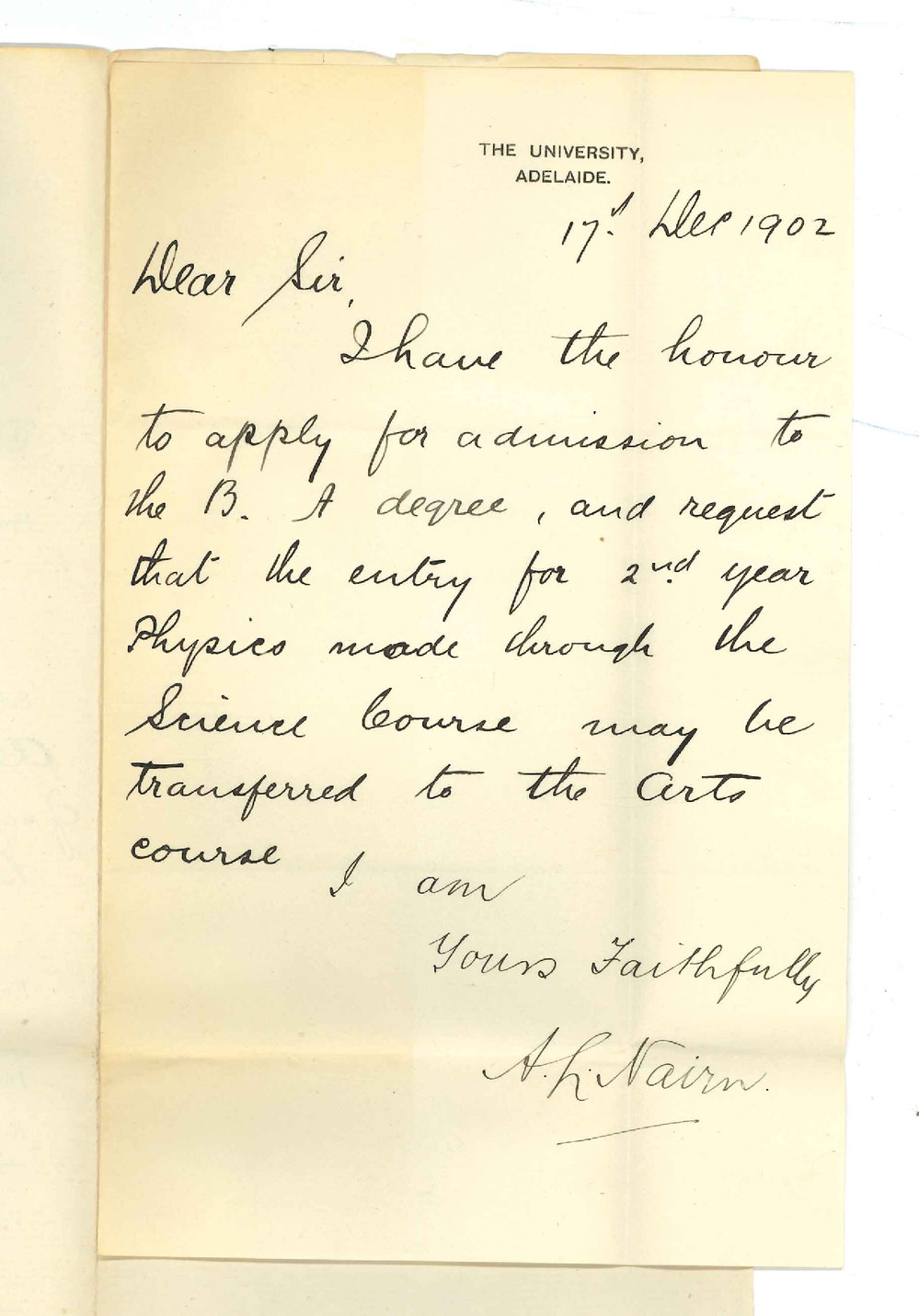 A L Nairn - Adelaide - Application for BA Degree and transferring of entry for BSc Physics