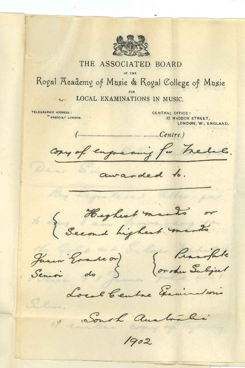 A E Balch - Secretary - Associated Board of Royal Academy of Music - Sydney - Forwarding Gold Medals for Music Exams Awards