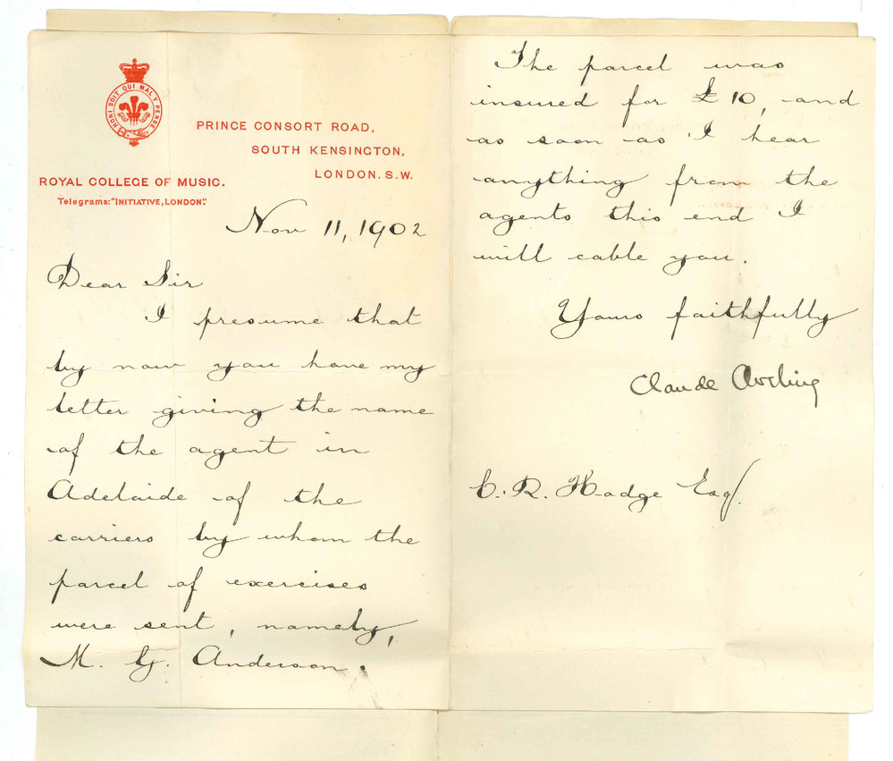 C Aveling - London - Concerning dispatch of MusDoc Exercises