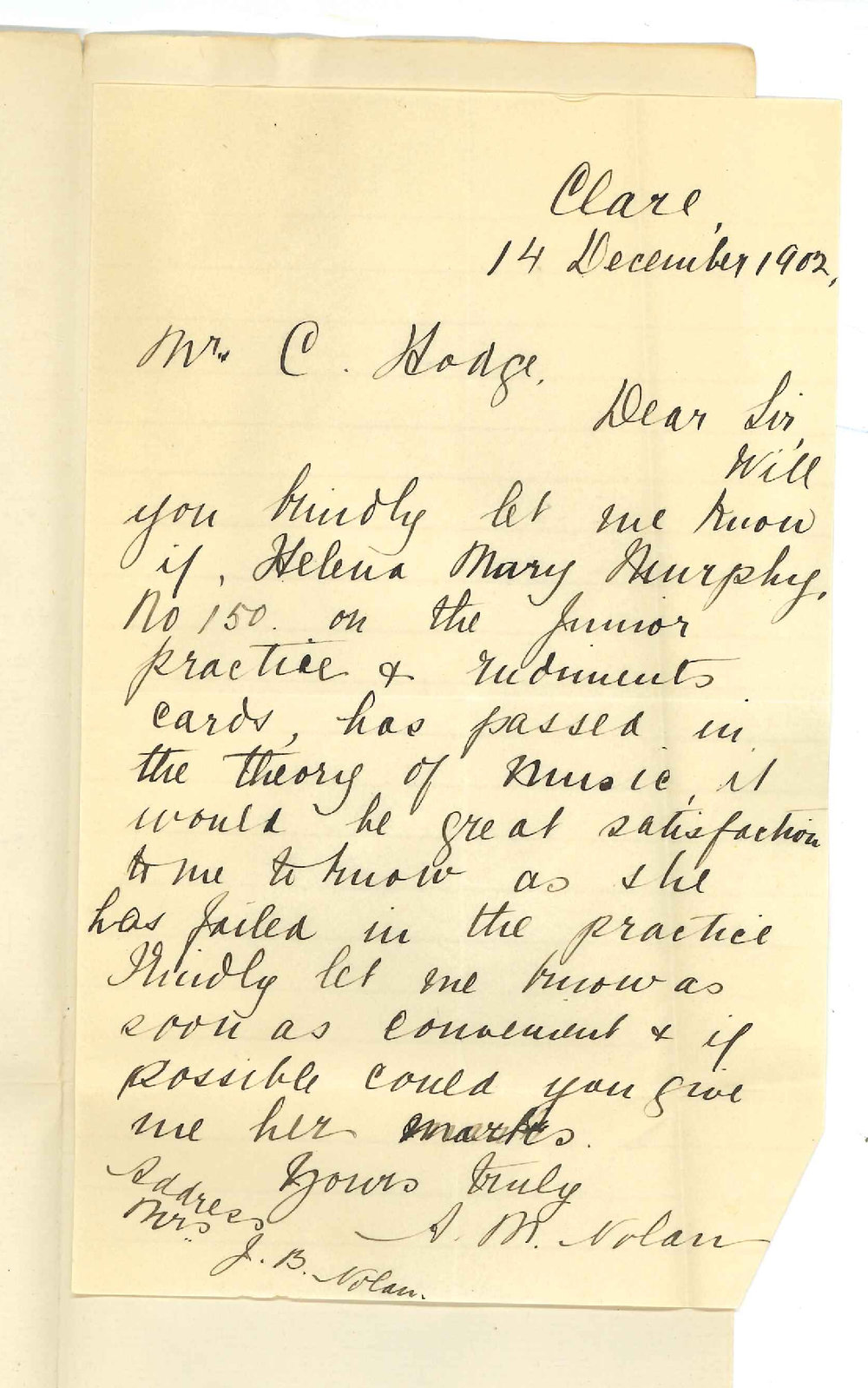 Mrs J B Nolan - Clare - Requesting information on Miss Helena Mary Murphy