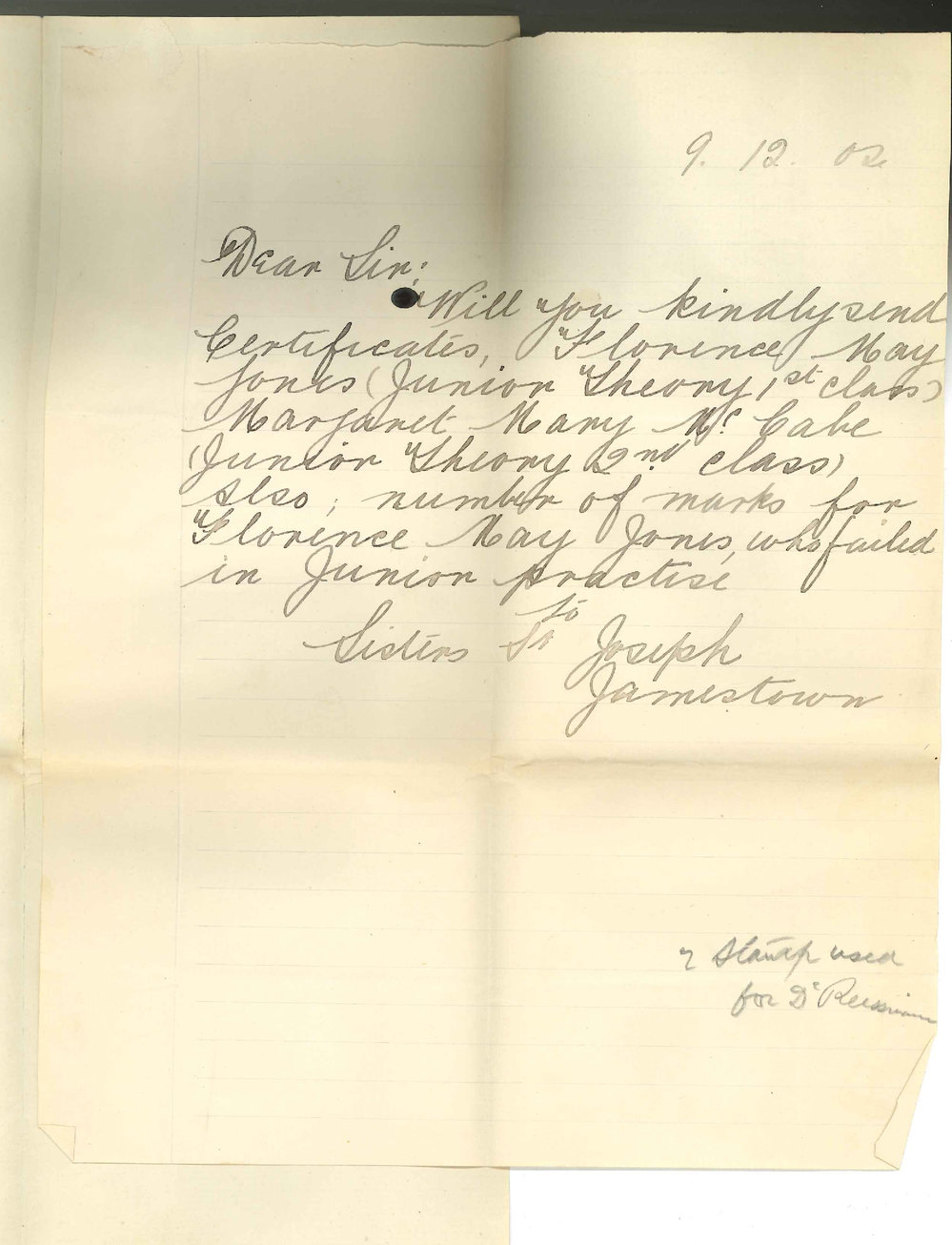 Sisters St Joseph - Jamestown - Requesting Certificates and Card of Marks