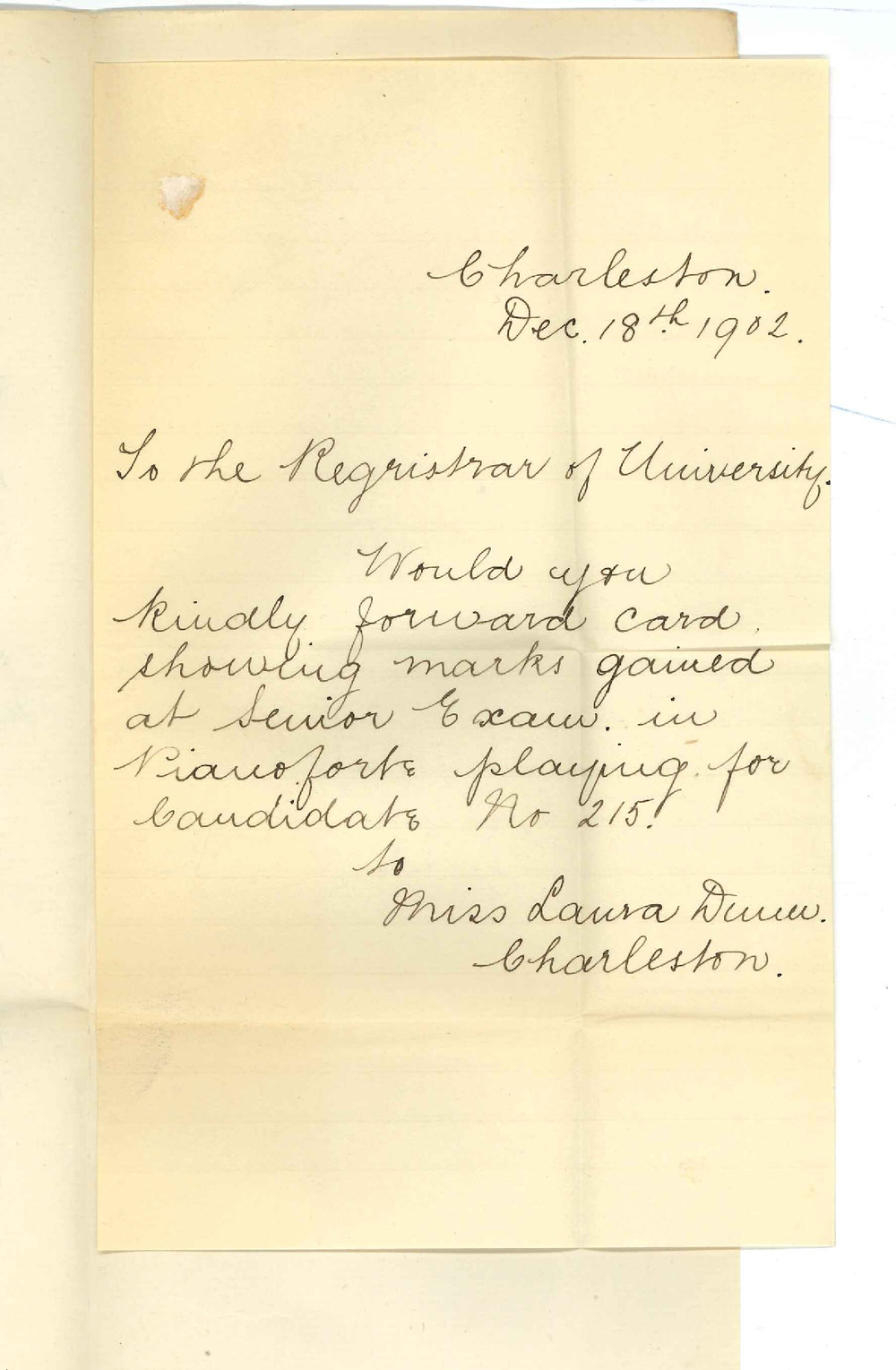 Miss Laura Dunn - Charleston - Requesting Card of Marks and Certificates