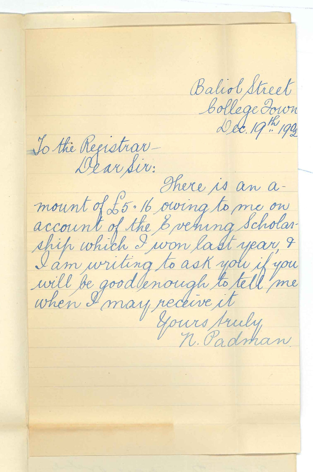 Miss N Padman - College Town - Requesting balance of Evening Scholarship