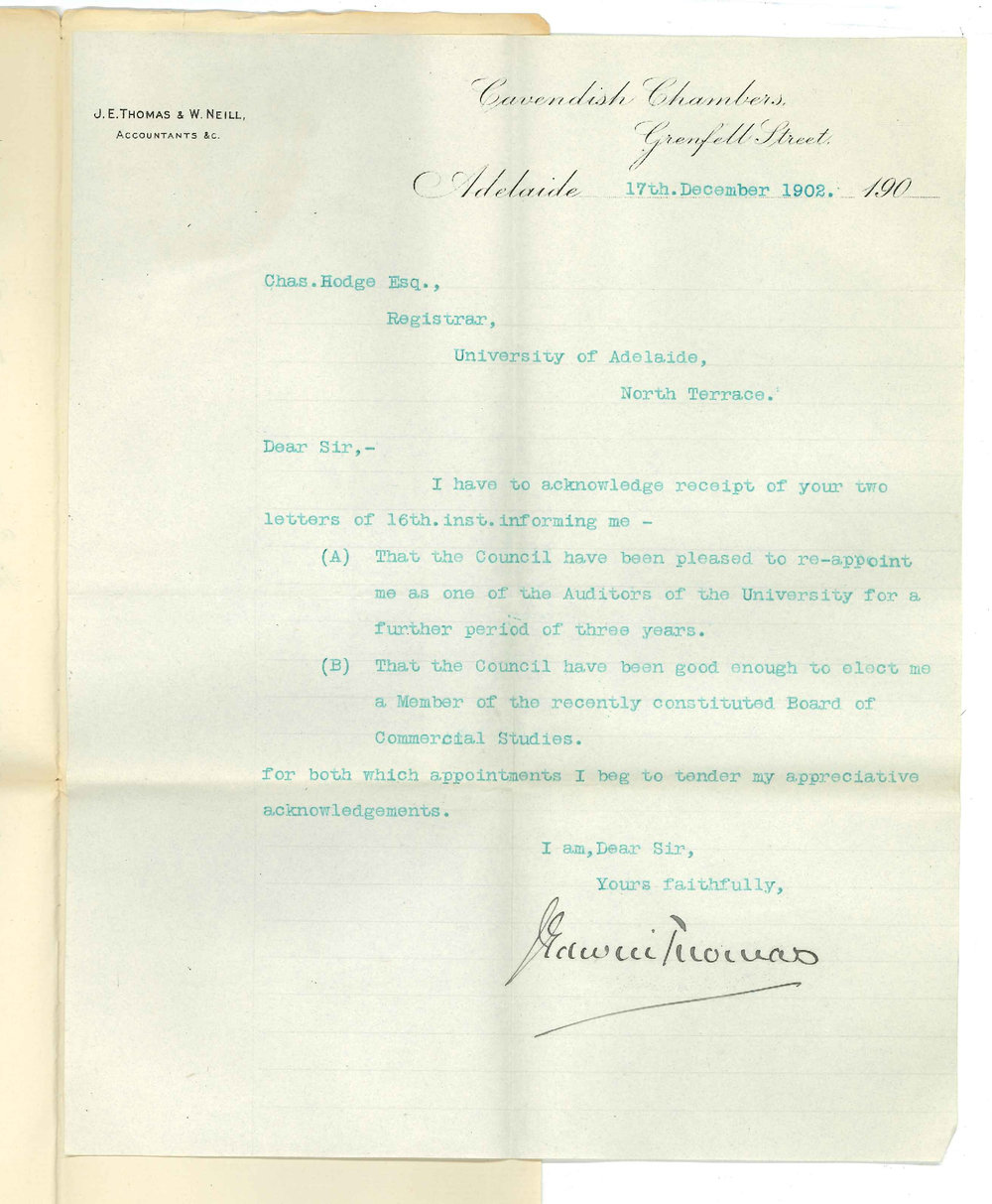 J Edwin Thomas - Adelaide - Thanks for appointment as Auditor - Accepts seat on Board of Commercial Studies