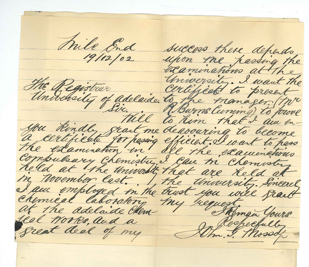 John G Mossop - Mile End - Requesting Certificate for pass in Chemistry