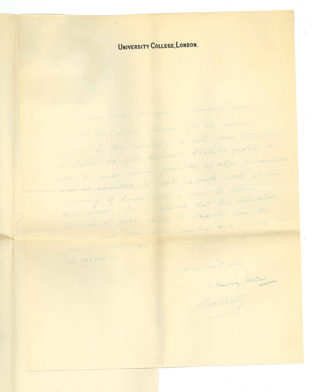 T G Foster - Secretary - University College - London - Forwarding Calendar