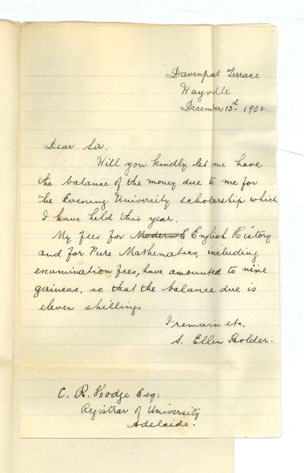 Miss S Ellen Holder - Wayville - Requesting surplus of Evening Scholarship
