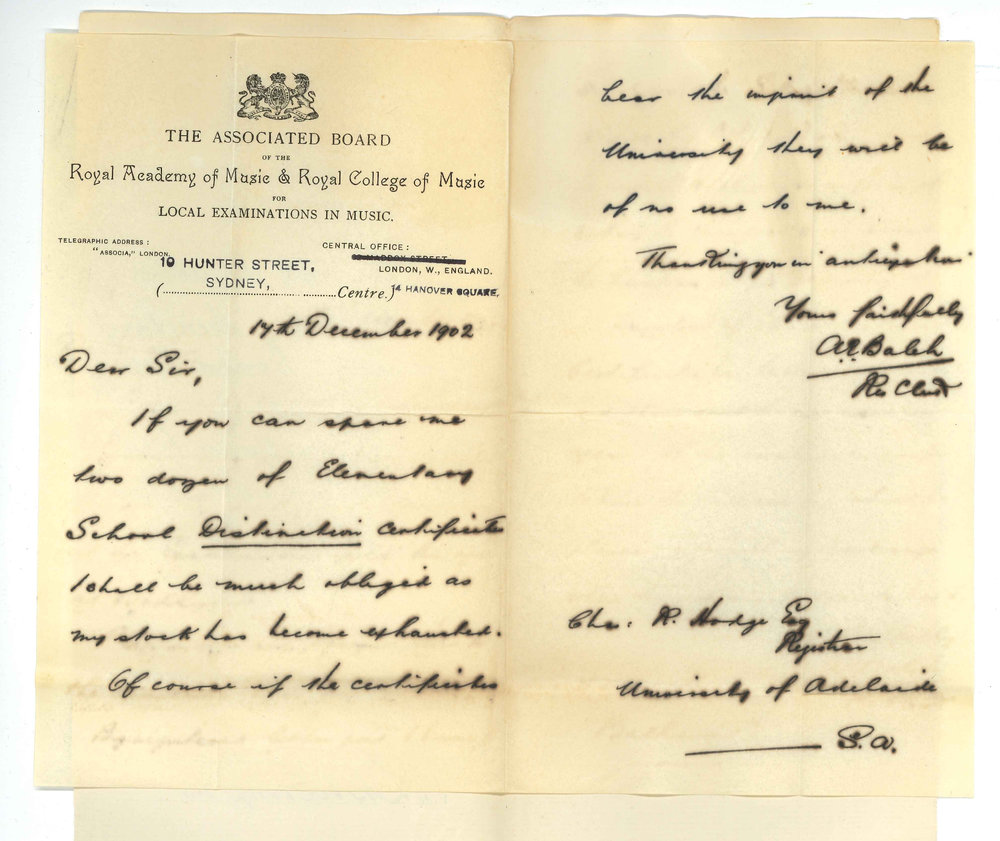 A E Balch - Secretary - Associated Board of Royal Academy of Music - Sydney - Requesting a Schools Exams Certificates