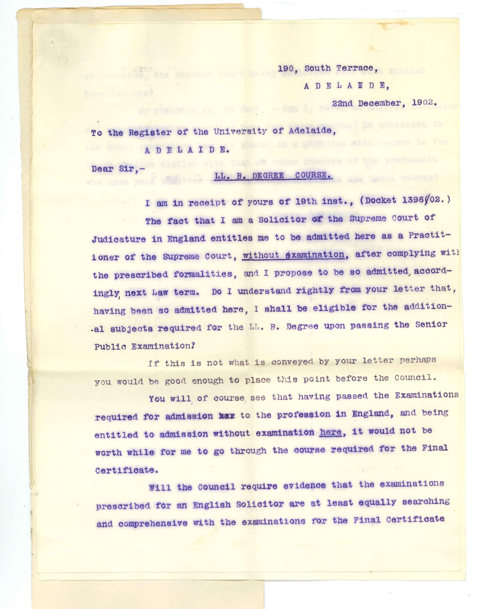 R I D Mallam - Adelaide - With respect to his proceeding to LLB Course