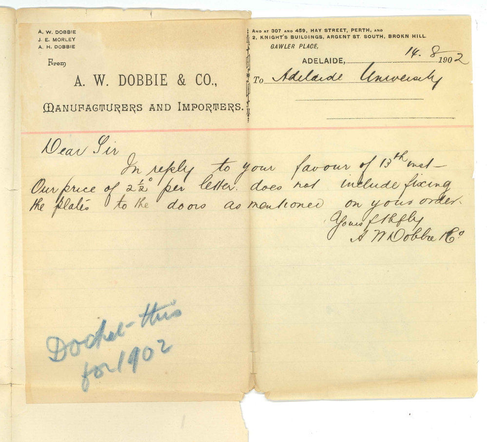 A W Dobbie and Company - Adelaide - Fixing of plates on doors in Science Buildings