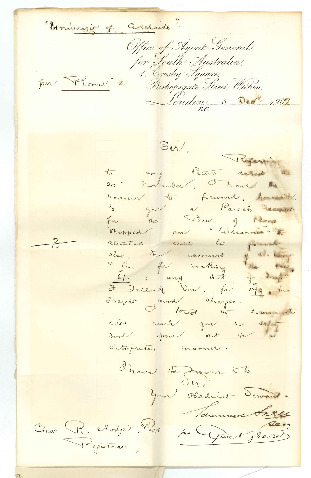 Edmund Snell - Secretary - The Agent General for South Australia - London - Case of plans shipped per Wilcannia