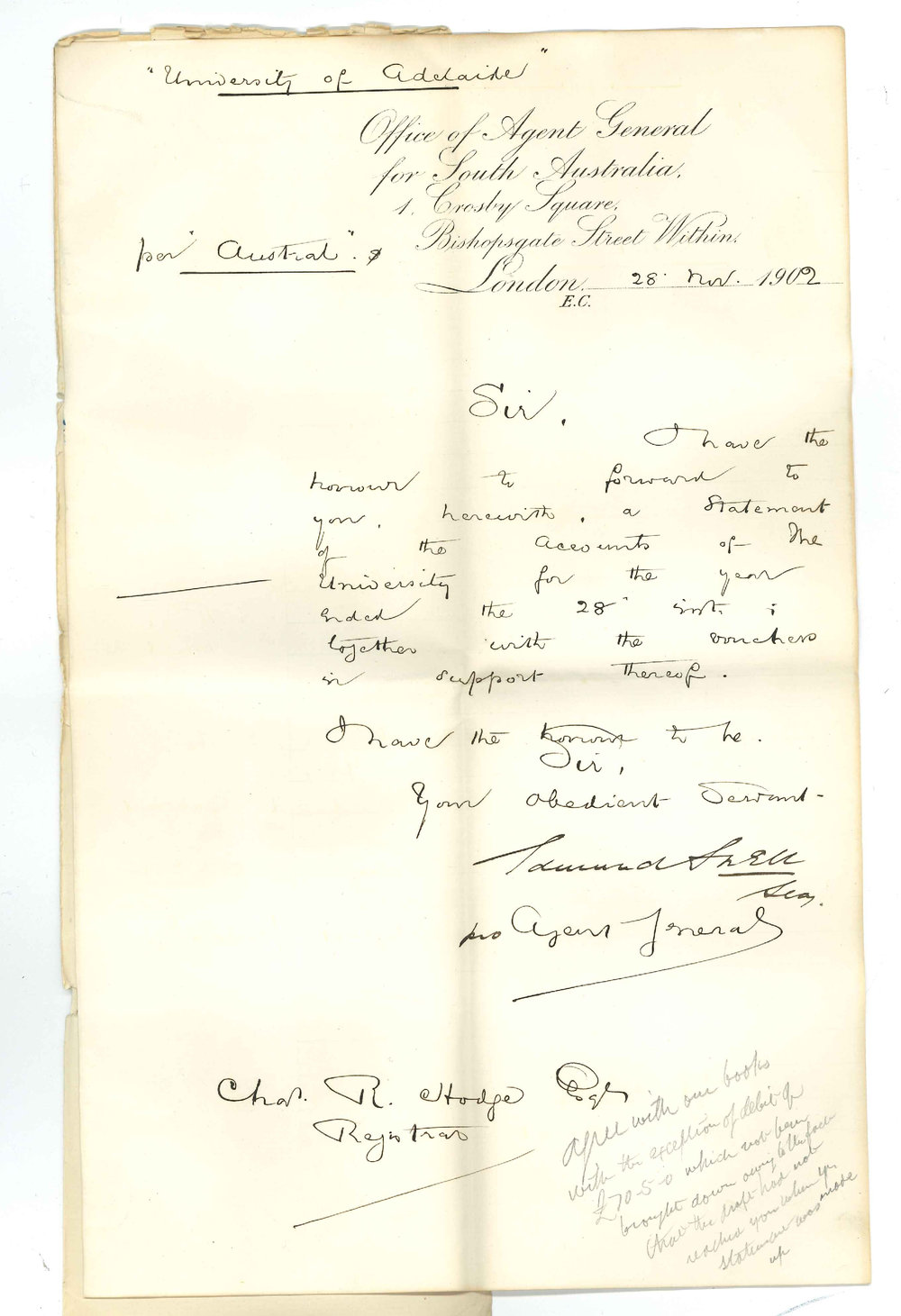 Edmund Snell - Secretary - The Agent General for South Australia - London - Statements of Accounts for 1902