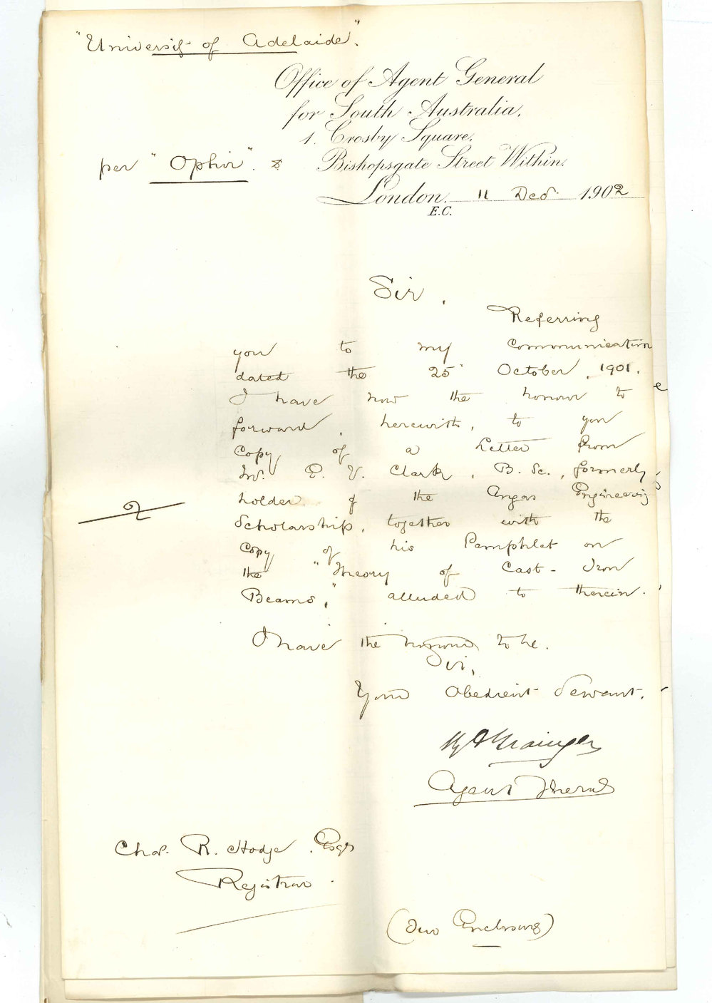 Henry Allerdale Grainger - The Agent General for South Australia - London - Concerning Mr E V Clark late holder of Angas Scholarship
