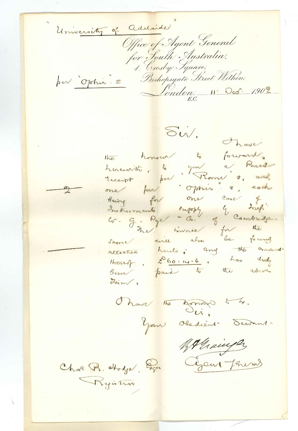 Henry Allerdale Grainger - The Agent General for South Australia - London - Cases of Instruments per SS Rome and Ophir