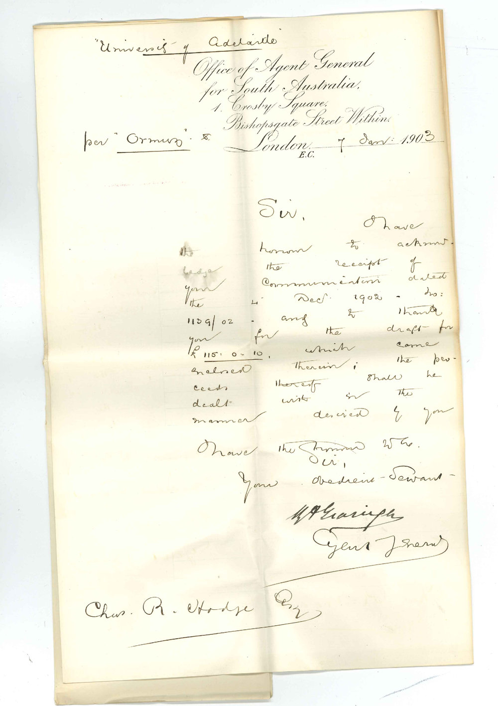 Henry Allerdale Grainger - The Agent General for South Australia - London - Acknowledging receipt of draft &pound;115-0-10