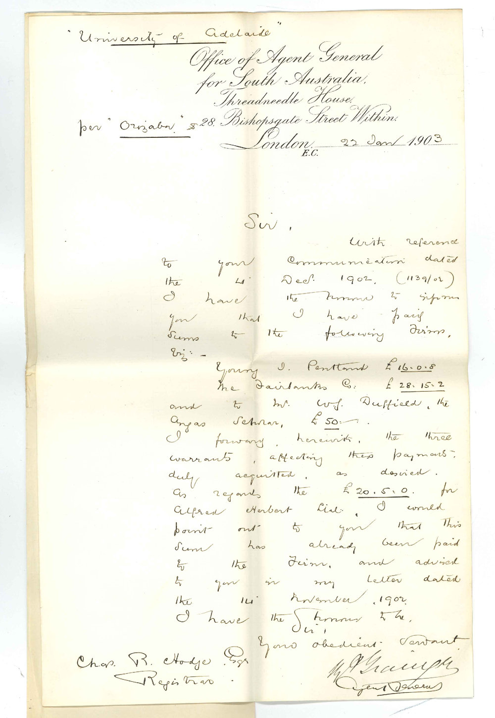 Henry Allerdale Grainger - The Agent General for South Australia - London - Paid Pentlands Fairbanks Co and W G Duffields accounts and regarding A Herberts account