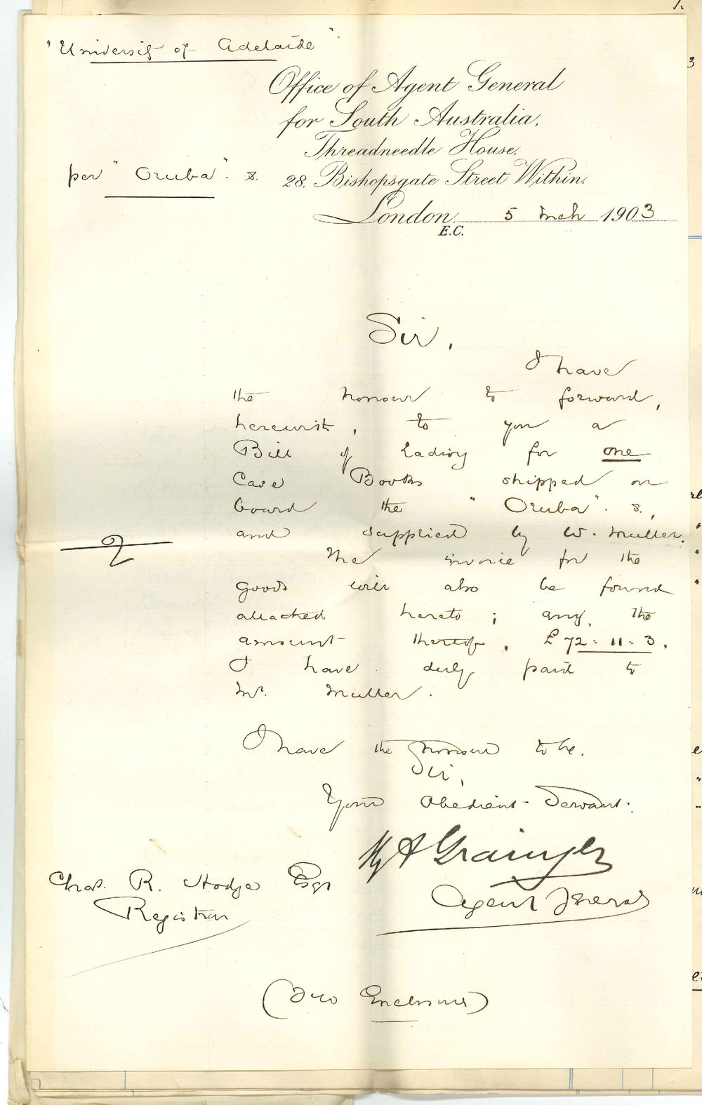 Henry Allerdale Grainger - The Agent General for South Australia - London - Case of books per SS Oruba