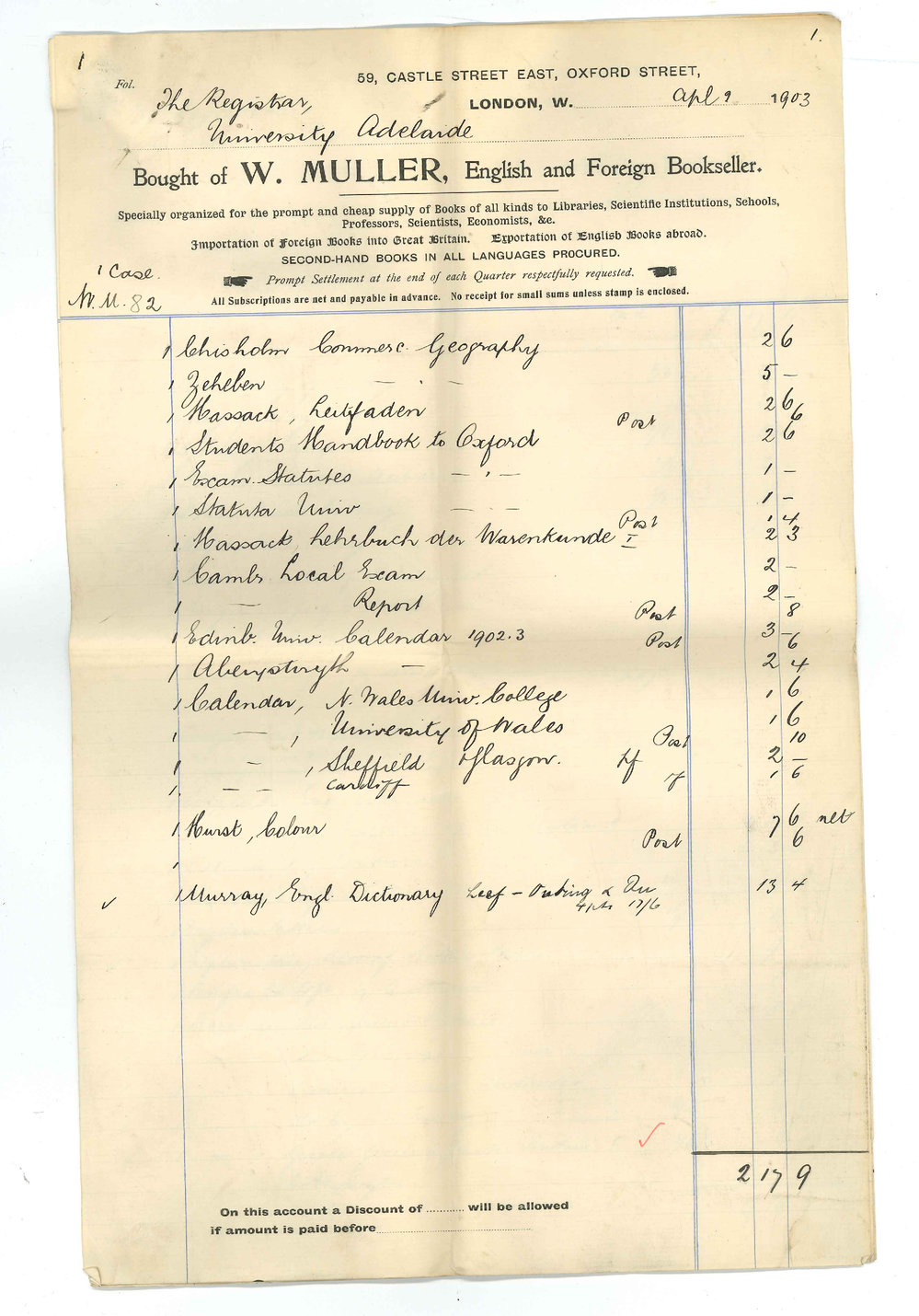 Henry  Allerdale Grainger - The Agent General for South Australia - London - One case of books per Oceana