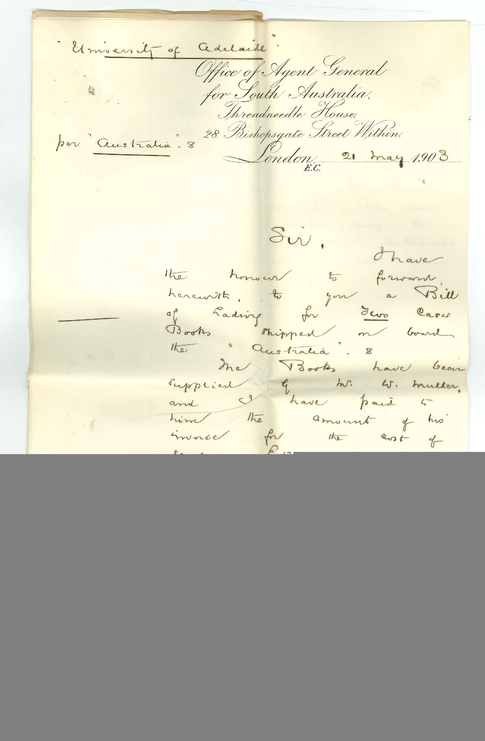 Henry Allerdale Grainger - The Agent General for South Australia - London - Two cases of books - Acknowledging receipt of Calendars