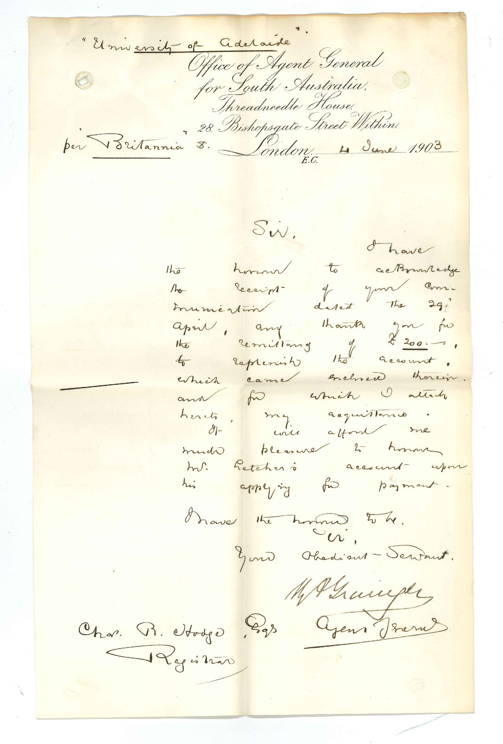 Henry Allerdale Grainger - The Agent General for South Australia - London - Acknowledging letter and remittance of &pound;200