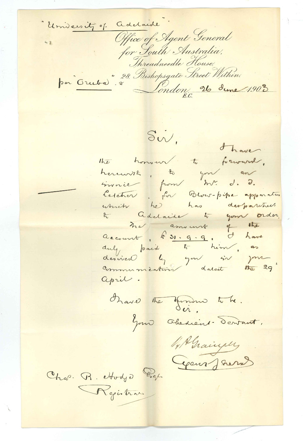 Henry Allerdale Grainger - The Agent General for South Australia - London - One case blow pipe apparatus