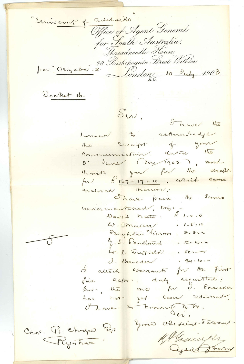 Henry Allerdale Grainger - The Agent General for South Australia - London - Acknowledging Draft paid accounts