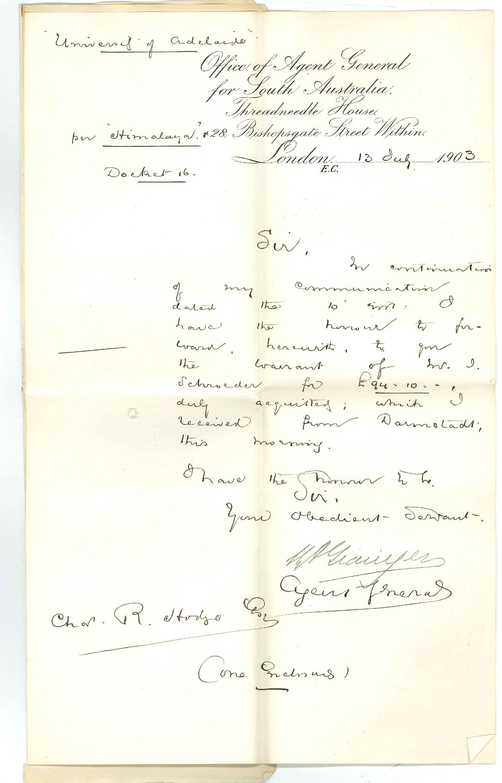 Henry Allerdale Grainger - The Agent General for South Australia - London - Forwarding Warrant of I Schroeder