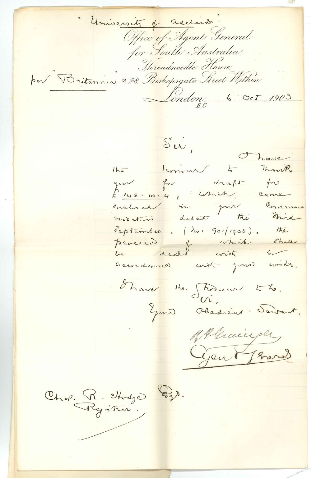 Henry Allerdale Grainger - The Agent General for South Australia - London - Acknowledgement of Draft &pound;148-10-4