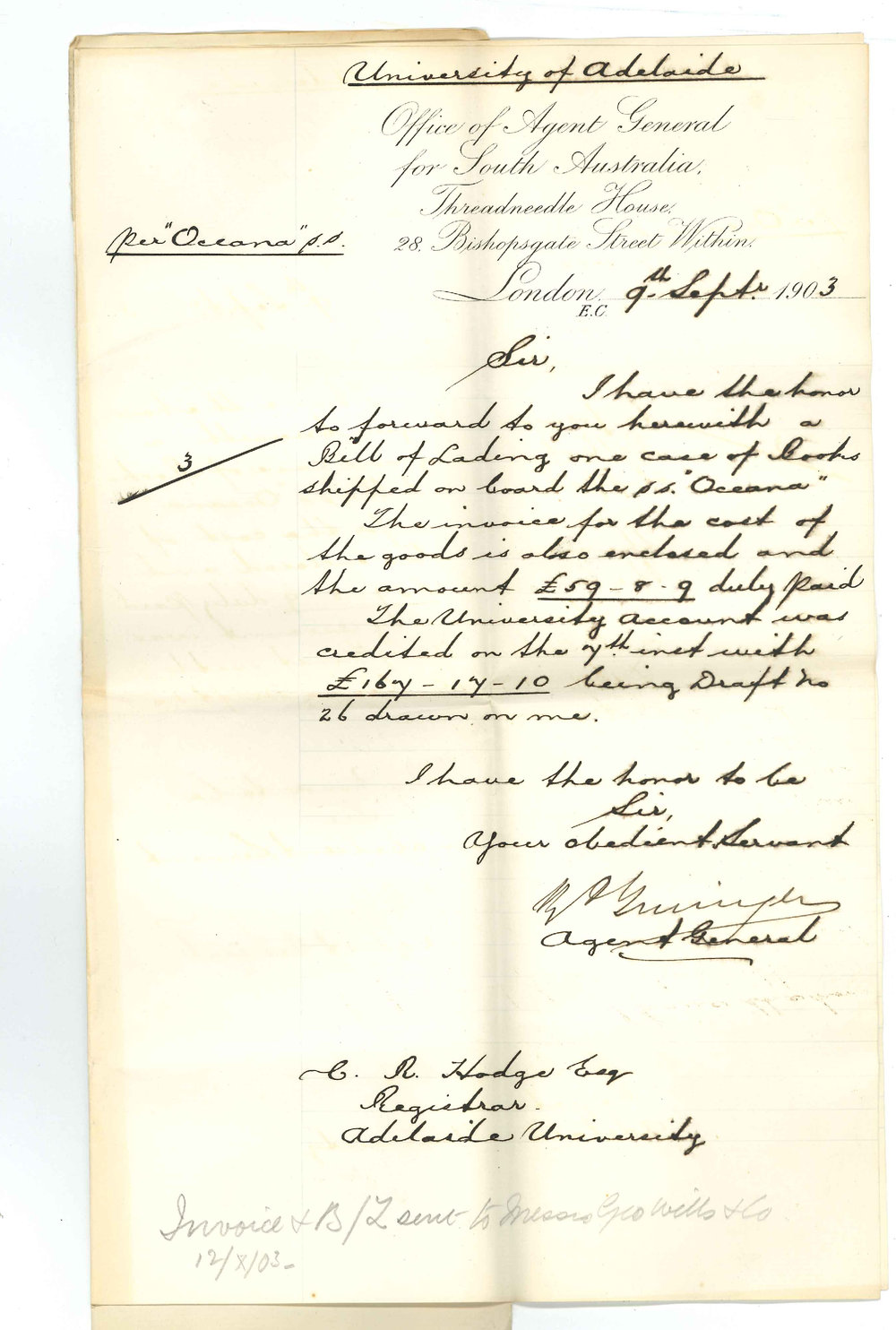 Henry Allerdale Grainger - The Agent General for South Australia - London - Case of books per SS Oceana