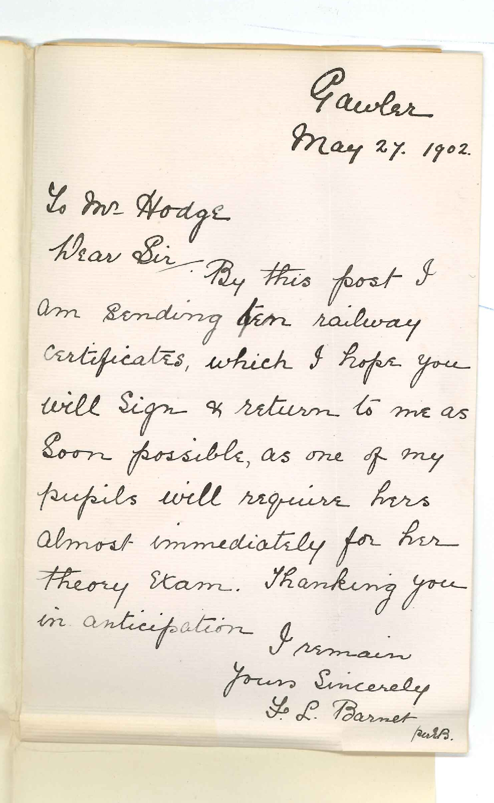 Miss Florence L Barnet - Gawler - Requesting Railway Certificates to be signed