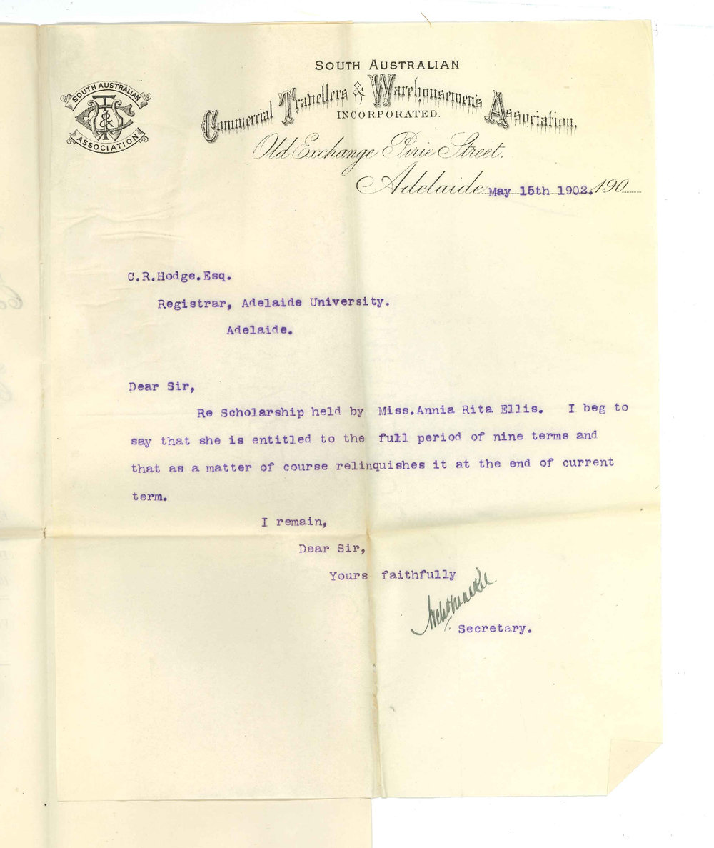 Archibald Mackie - Secretary - Commercial Travellers and Warehousemen's Association - Adelaide - Re scholarship held by Miss Annie Rita Ellis
