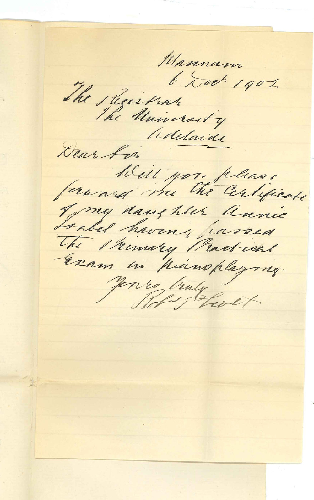 Robert P Scott - Mannum - Requesting daughters primary music certificate